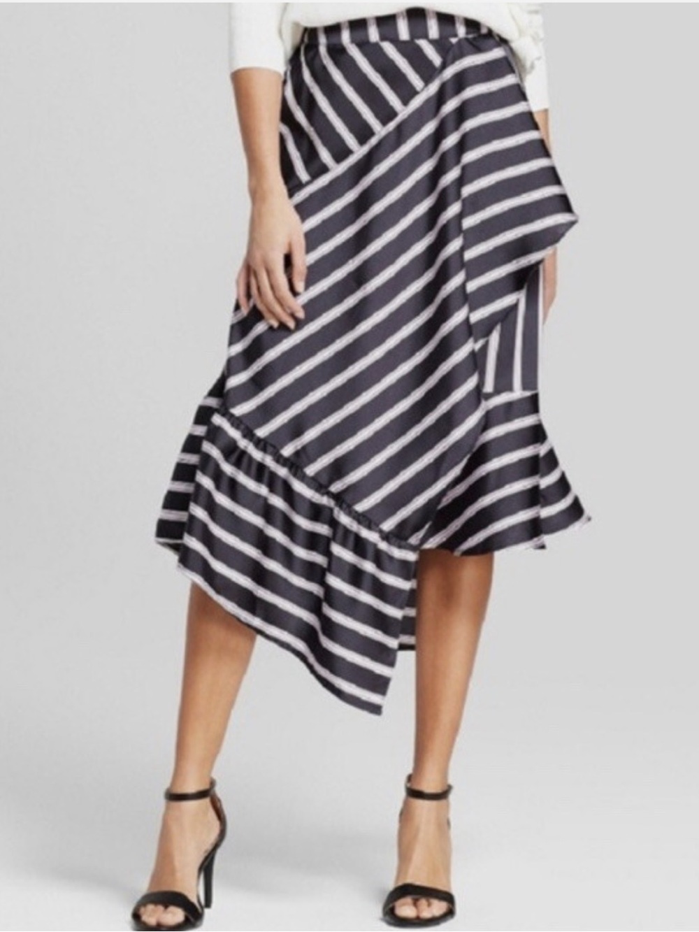 A New Day Striped Black and Lavender Ruffled Asymmetrical Midi Skirt